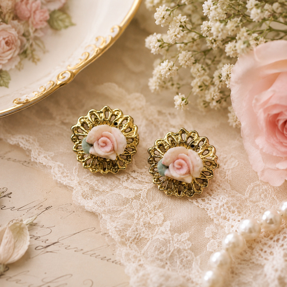 Vintage 1960's Pink Rose Clip On Earrings Gold Tone Filigree Petite Floral